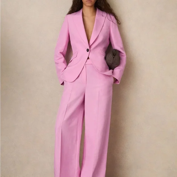 NWT Reiss Raine Tailored Pink Wide-Leg Linen Blend Trouser Pants - Picture 1 of 16